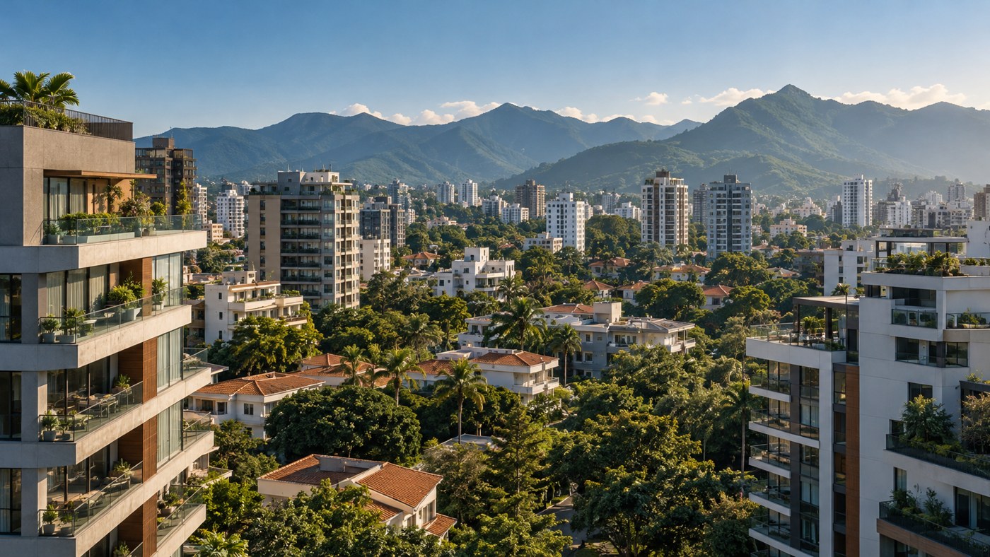 Ilustração arquitetônica de edifícios residenciais e montanhas
